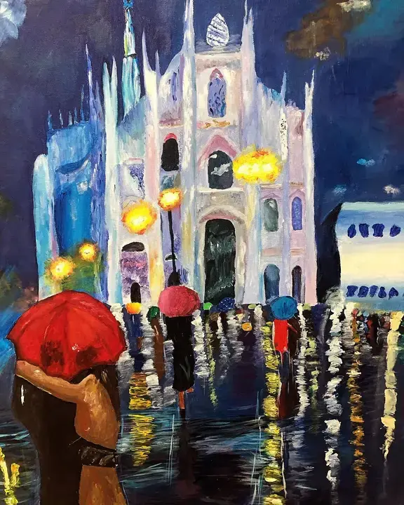 Akrilik röprodüksiyon: yağmurlu gecede katedral