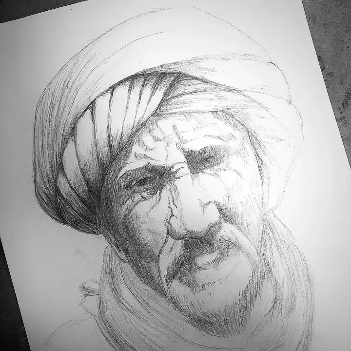 Karakalem: sarıklı yaşlı adam portresi