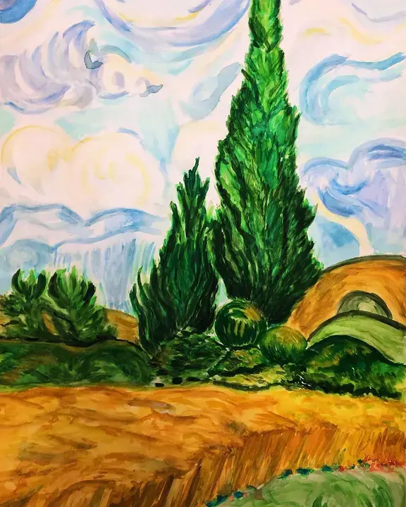 Suluboya röprodüksiyon: Van Gogh tarzı servi ağaçları
