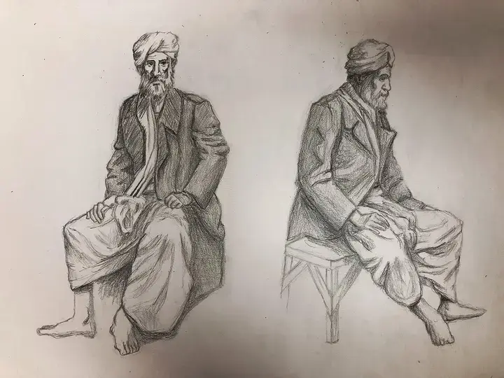 Karakalem: oturan iki yaşlı adam