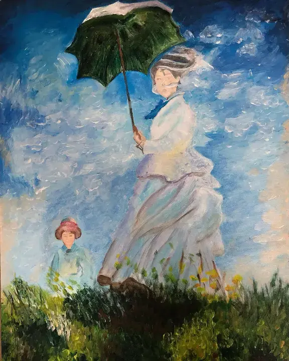Akrilik röprodüksiyon: Monet'nin şemsiyeli kadını
