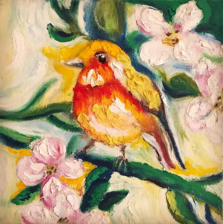 Yağlı pastel: çiçek dalında kızılgerdan